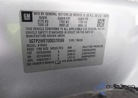 2013 GMC Sierra 1500 Slt из США, поврежденный, VIN 3GTP2WE70DG378399